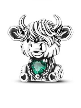 🐮💚 Highland Cow Charm Green Heart 925 Sterling Silver Style Farmhouse Cute Bead